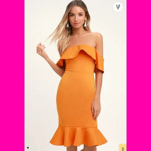 Lulu's Confidence Boost Orange Off-the-Shoulder Bodycon Midi Dress NWT